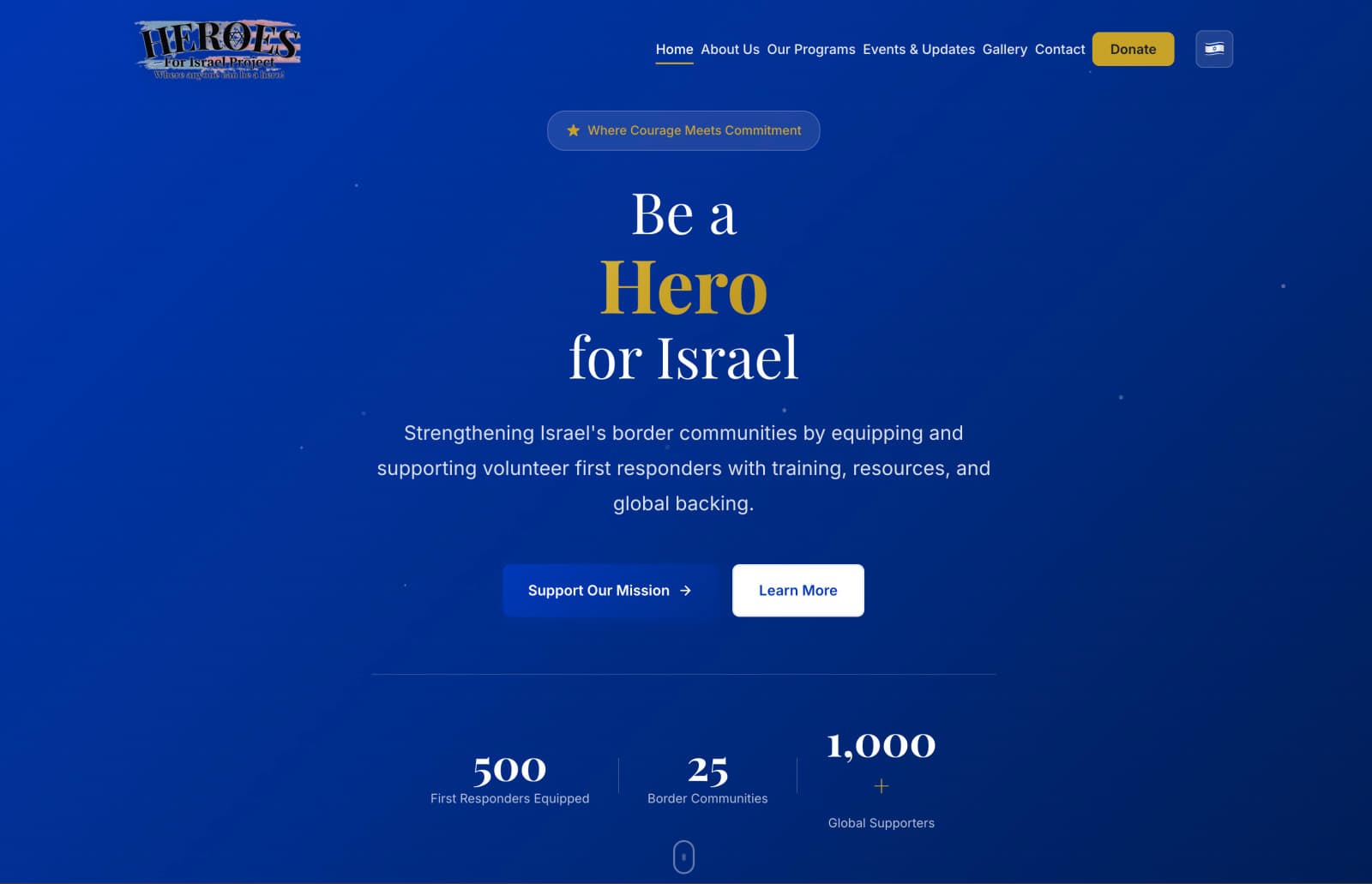 עמוד הבית הכחול של Heroes for Israel עם הכותרת Be a Hero for Israel